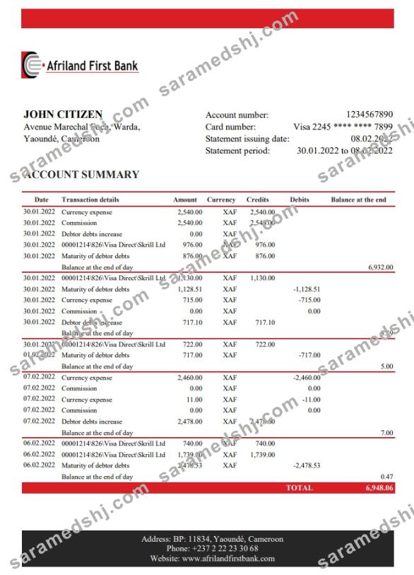 Cameroon Afriland First bank statement
